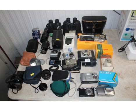 A quantity of various cameras and binoculars to include Ilford, Nikon, Lumix etc. together with a quantity of various accesso