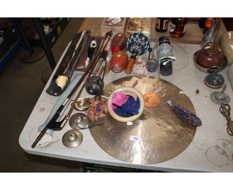A collection of various maracas and an Aulos recorder, a Roth-Glasser violin bow etc.