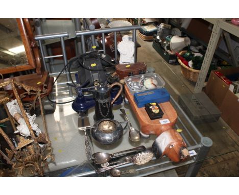 A vintage telephone; a pair of binoculars in case; a set of scales; silver plated coffee pot; a Russian style box; wooden sta