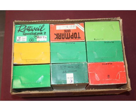 Nine various boxes (full) of 12 bore cartridges. This item can only be purchased by someone with a current valid shotgun cert