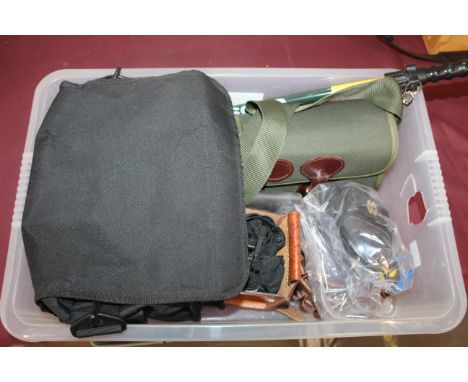 A collection of shooting related items including cartridge bag, a fine leather cartridge belt and a grip stick etc.