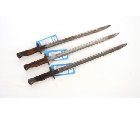 Three British model 1907 bayonet, all without scabbards. This item can only be purchased by someone over the age of 18 and ID