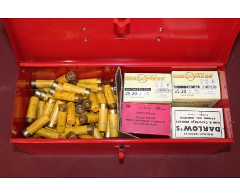 100 boxed 20 bore cartridges of 2&frac12;" chambers with approx. 85 loose, all within metal carry case.&nbsp;This item can on