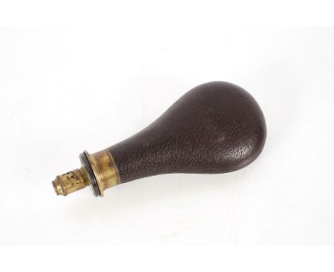 A leather covered powder flask by G. & J.W. Hawksley in overall good condition