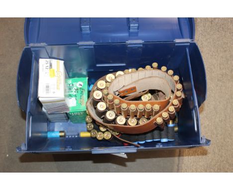 A case containing four cartridge belts (three being leather) and a quantity of various cartridges. This item can only be purc