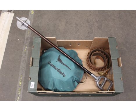 A leather cartridge belt, shooting stick and a game safe in original bag