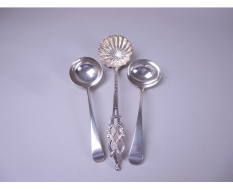Two George III silver Sauce Ladles old english pattern, London 1804 and Newcastle, circa 1800, and a large Victorian silver L