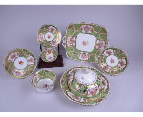 A Coalport part Tea Service decorated floral reserves within apple green and gilt ground, viz: eight cups, eleven saucers, tw