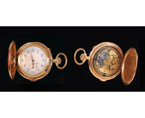 A quarter repeating 14ct gold Hunter cased Chronograph Pocket Watch having white enamel dial with arabic numerals, minute tra