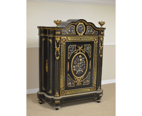 A fine Napoleon III ebonised, gilt metal mounted and pietra dura Cabinet, mid-19th Century, of shaped outline with arched top