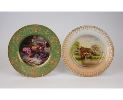 Two Royal Worcseter cabinet Plates, one painted by Bill Bagnall depicting fruit and flowers on a marble console with Egyptian