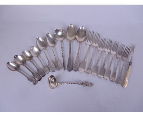 A Collection of mainly silver Cutlery including two George III Table Spoons, Dessert Spoons, Teaspoons, Dinner and Dessert Fo