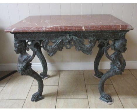 A French Empire style Console Table with red marble top with leafage and scroll decoration, mounted upon bust and paw support