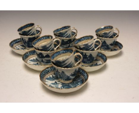 A Caughley blue and white porcelain part Service, c. 1785, printed with the 'Nankin' pattern, comprising six each of tea bowl