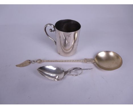 Three Items of Norwegian silver by Marius Hammer: Caddy Spoon with spiral stem and engraved leafage finial, Caddy Spoon with 