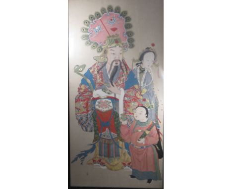 A Chinese painting depicting Lu Xing, late Qing Dynasty, the star god dressed in red dragon robe and elborate headdress, hold