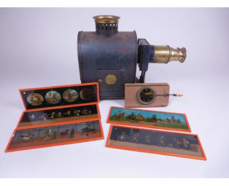 A German Magic Lantern Helios E.P. No 785, in original wooden box, and three boxes of slides depicting Spanish-American War, 