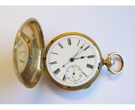 A 19th Century 18ct gold cased Hunter Pocket Watch, the white enamel dial with roman numerals and subsidiary seconds dial, la