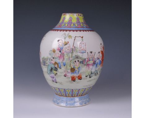 A Chinese famille rose porcelain "Boys" Vase, early 20th Century, apocryphal iron red Qianlong 6-character seal mark, painted