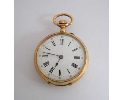 A Lady's 18ct gold cased Continental open faced keyless wind Fob Watch, the white enamel dial with roman numerals, inscriptio