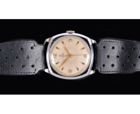 A mid-size Tudor Wristwatch, the engine turned dial having arabic numerals at 3, 6, 9 and 12, the remainder chevron markers w