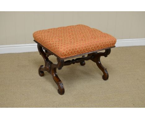 A 19th Century X frame Stool with button upholstered seat and scroll carving, 2ft W