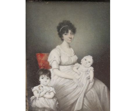 ENGLISH SCHOOL CIRCA 1805. Portrait of Mrs John Brett, seated with her two eldest children Elizabeth (b.1800) and her sister 