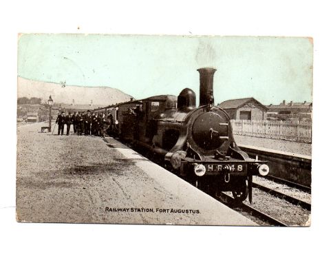 Scotland, colour wash pc of Fort Augustus stn with engine, staff & passengers used 1906 with full write up on page Reserve: £