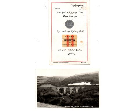 Okehampton RP by Chapman of Fatherford, Train on Viaduct plus comic card featuring LSWR ticket. Reserve: £16