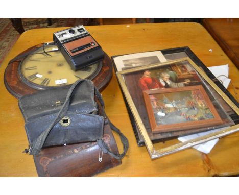 Mixed Lot: Late 19th Century wall clock for repair, assorted cameras, coloured prints etc