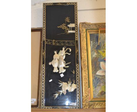 Modern Oriental mother of pearl decorated and black lacquered wall panel