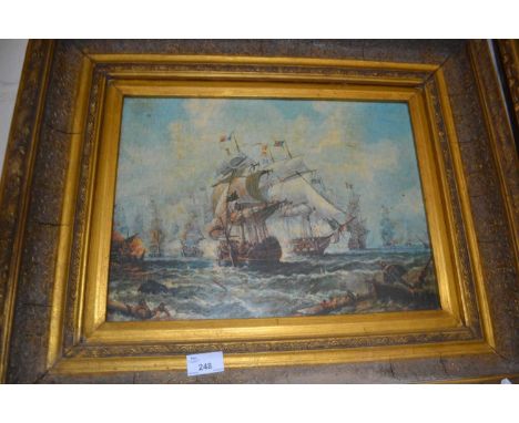 Reproduction oleograph print naval battle scene, gilt framed