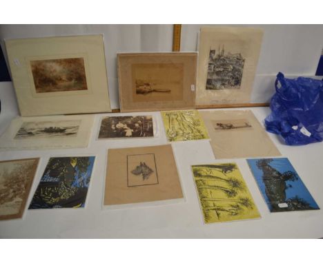 Mixed Lot: Various vintage photographs, etchings, small Victorian watercolour etc