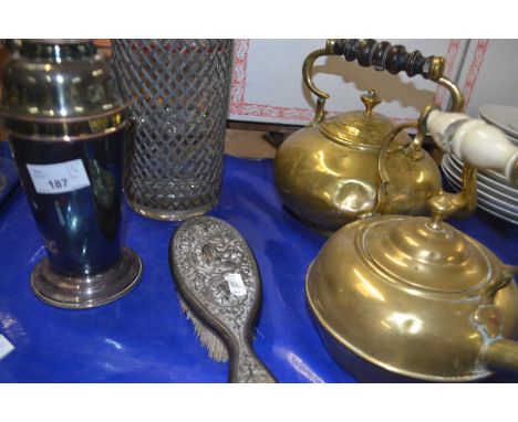 Silver plated cocktail shaker plus vintage soda syphon, a dressing table brush and two brass kettles