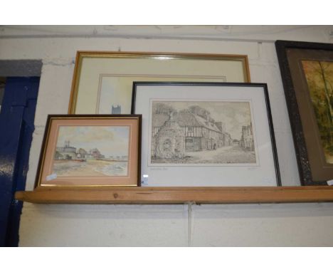Mixed Lot: Black and white print of Walsingham Pump, John Farquharson, study of a beach scene and a further study of Cromer b