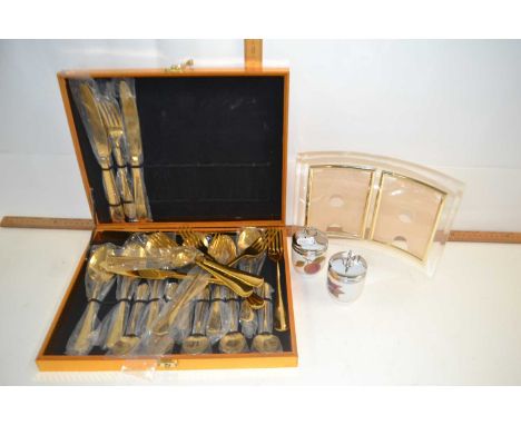 A canteen of modern cutlery, modern picture frame and Royal Worcester egg coddlers
