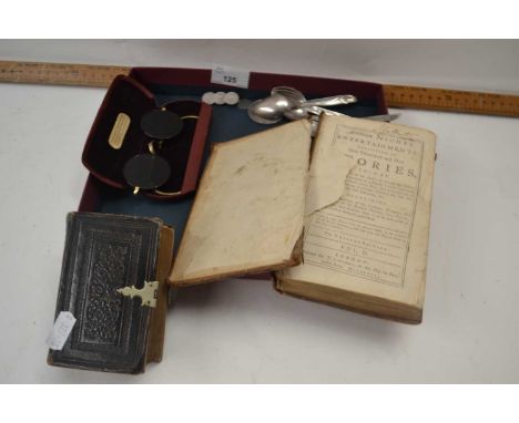Mixed Lot: Teaspoons, vintage spectacles, miniature volume Church Services, a 18th Century leather bound volume Arabian Night