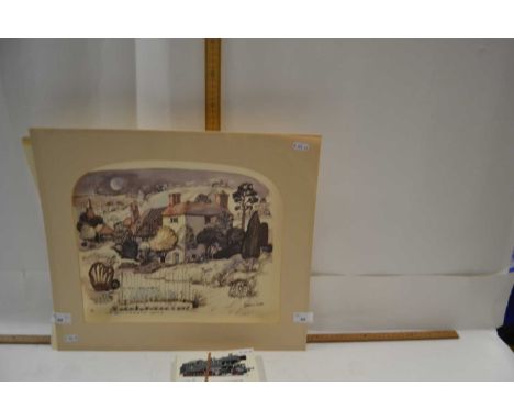 Graham Clark - Coloured print, country cottage together with a collection of railway locomotives cards