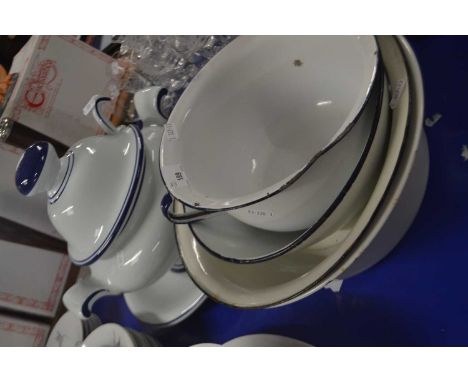 Mixed Lot: Various enamel bowls, chamber pot together with a Portuguese soup tureen