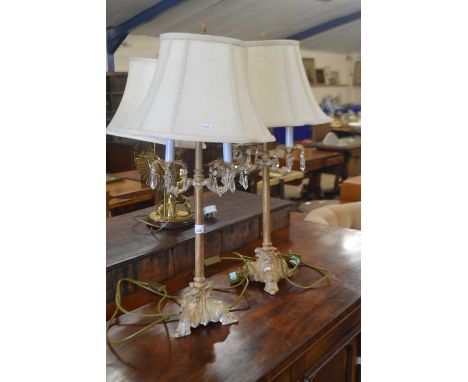 Pair of contemporary double light table lamps with glass drapes