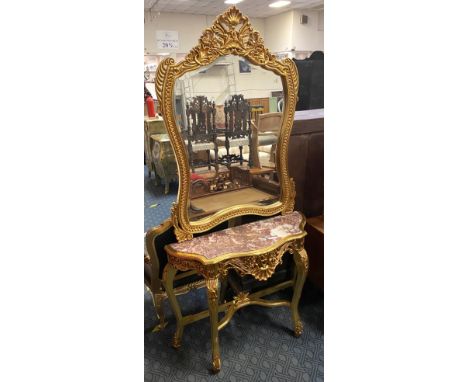 GILT WOOD MARBLE TOP CONSOLE TABLE &amp; MIRROR