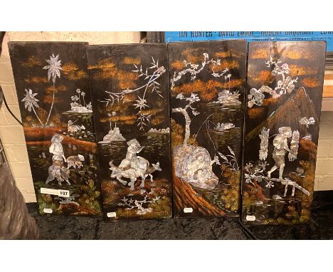 FOUR ORIENTAL MOTHER OF PEARL INLAY LACQUERED PANELS