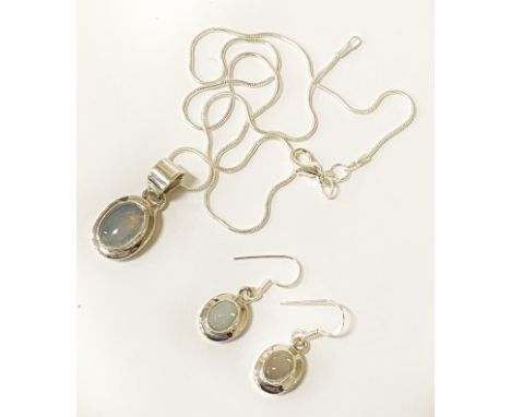 STERLING SILVER OPAL EARRINGS, PENDANT &amp; CHAIN