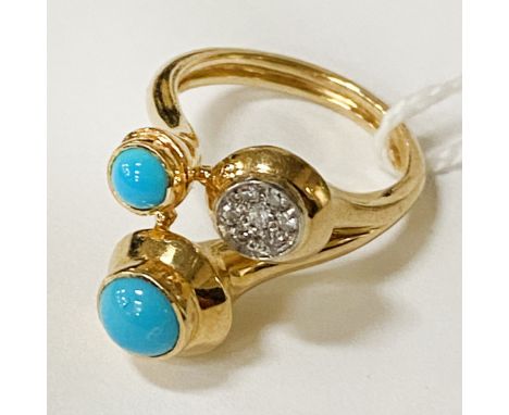 18CT GOLD DIAMOND &amp; TURQUOISE RING - SIZE L - 9.7 GRAMS APPROX