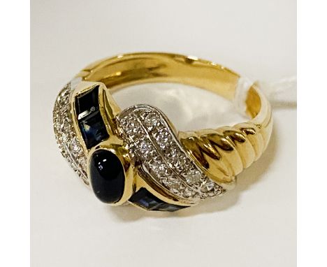 18CT GOLD SAPPHIRE &amp; DIAMOND RING - SIZE P/Q