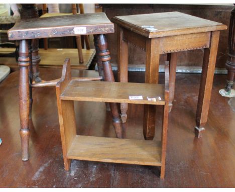 A 19th Century oak stool, a mahogany stool plus oak hanging shelves