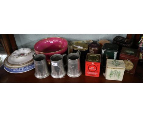Collectables to include tea caddy tins and pewter along with ceramics to include Spode 