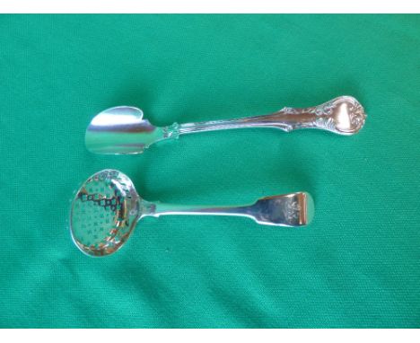 George IV hallmarked silver sifter ladle crested, William Johnston London 1825  & a Victorian plated cheese scoop