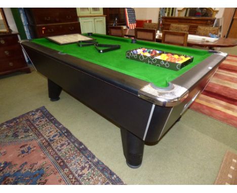 Supreme pool table with balls, frames, and framed "Poole rules"