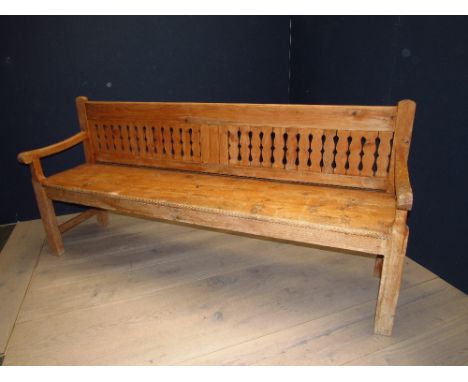 Decorative pine bench, with pierced carved back panel, 198cm L